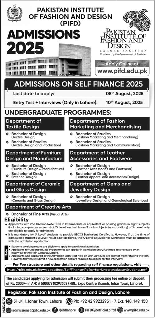 Admission Open in Pakistan Institute of Fashion & Design Lahore